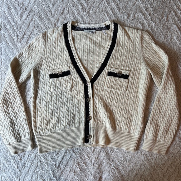 Sandro Sweaters - Sandro Cable Knit Cardigan Sweater - Cream and Black 0